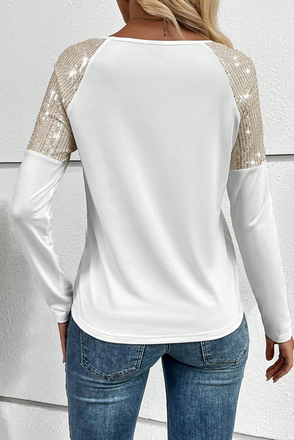 Faux Sequin Tshirt, Crew Neck Long Sleeve Pocket Tshirt For Women