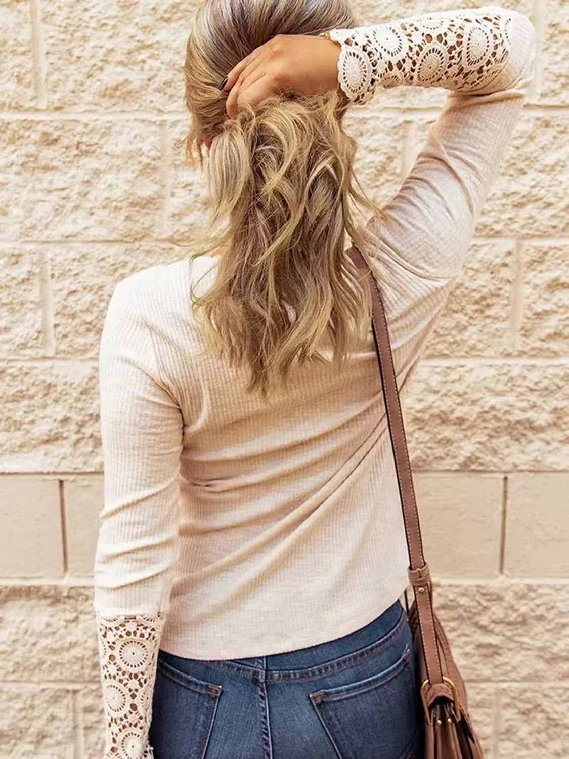 Half Button Shirt, Long Sleeve Lace Detail Knit Top