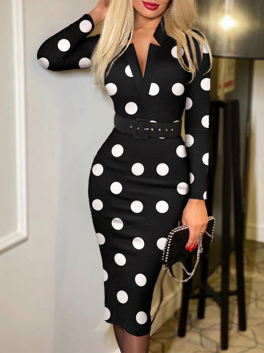 Long Sleeve Wrap Dress, Notched Neck Belted Midi Dress, Party Dress