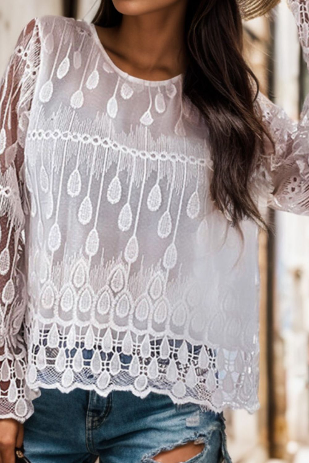 White Lace Blouse, Flounce Sleeve Round Neck Top for Women