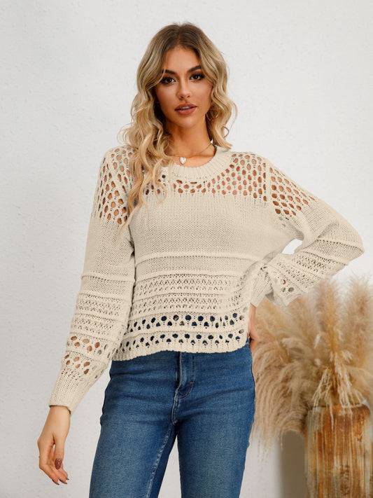 Knitted Tops For Women, Cutout Round Neck Long Sleeve Knit Top