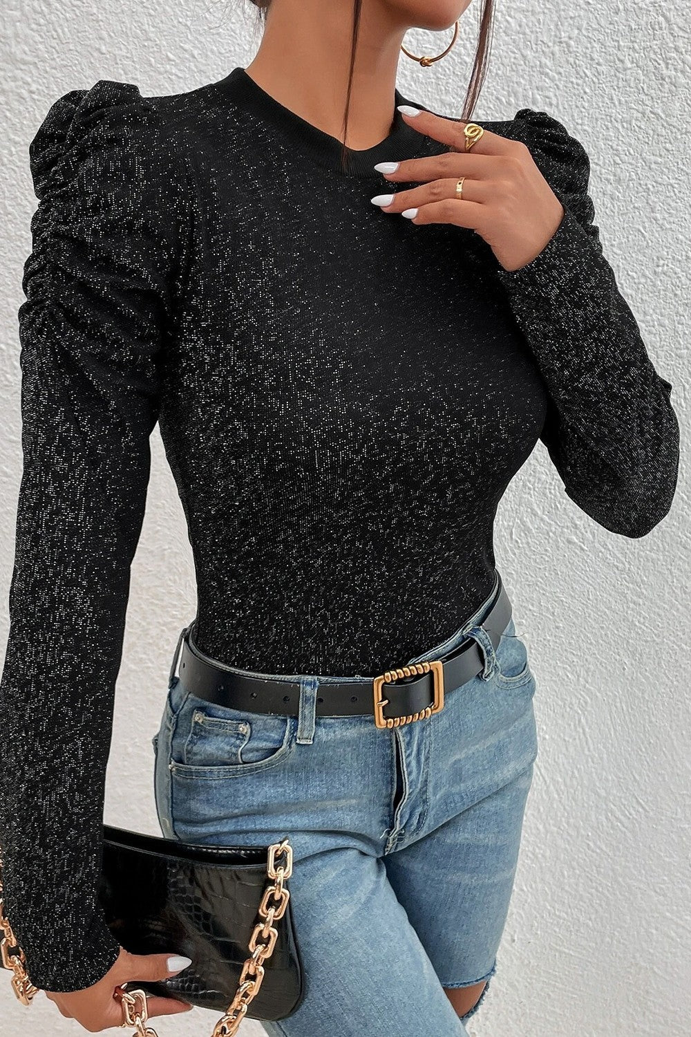 Metallic Black Blouse, Round Neck Puff Sleeve Blouse For Women