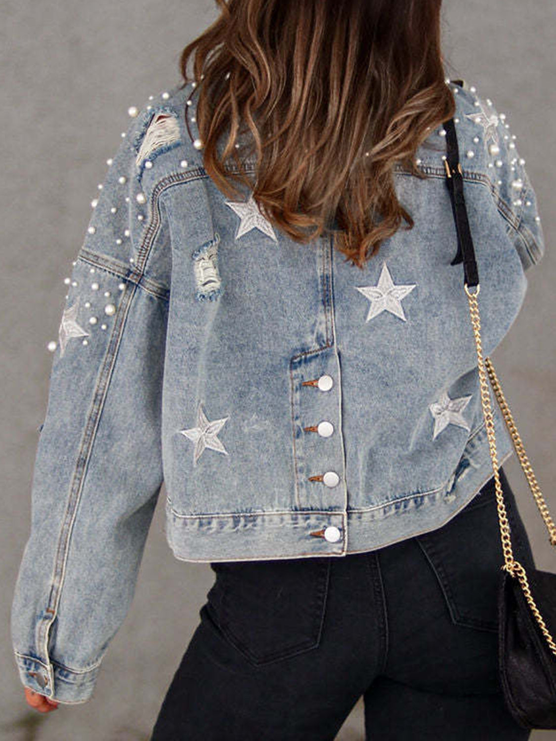 Pearl Denim Jacket, Blue Denim Jeans Jacket With Pockets For Women