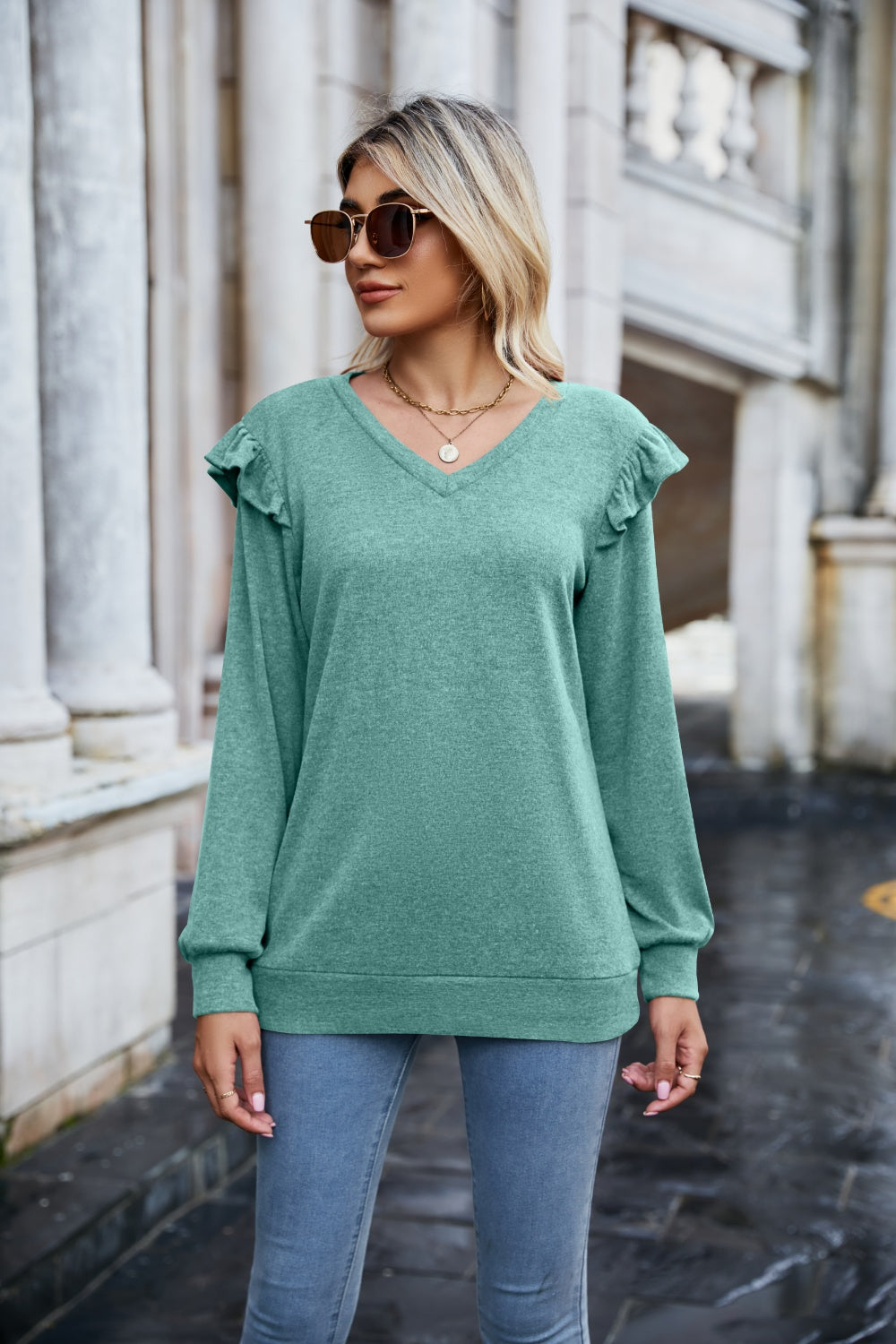 Ruffled Heathered V-Neck Long Sleeve T-Shirt