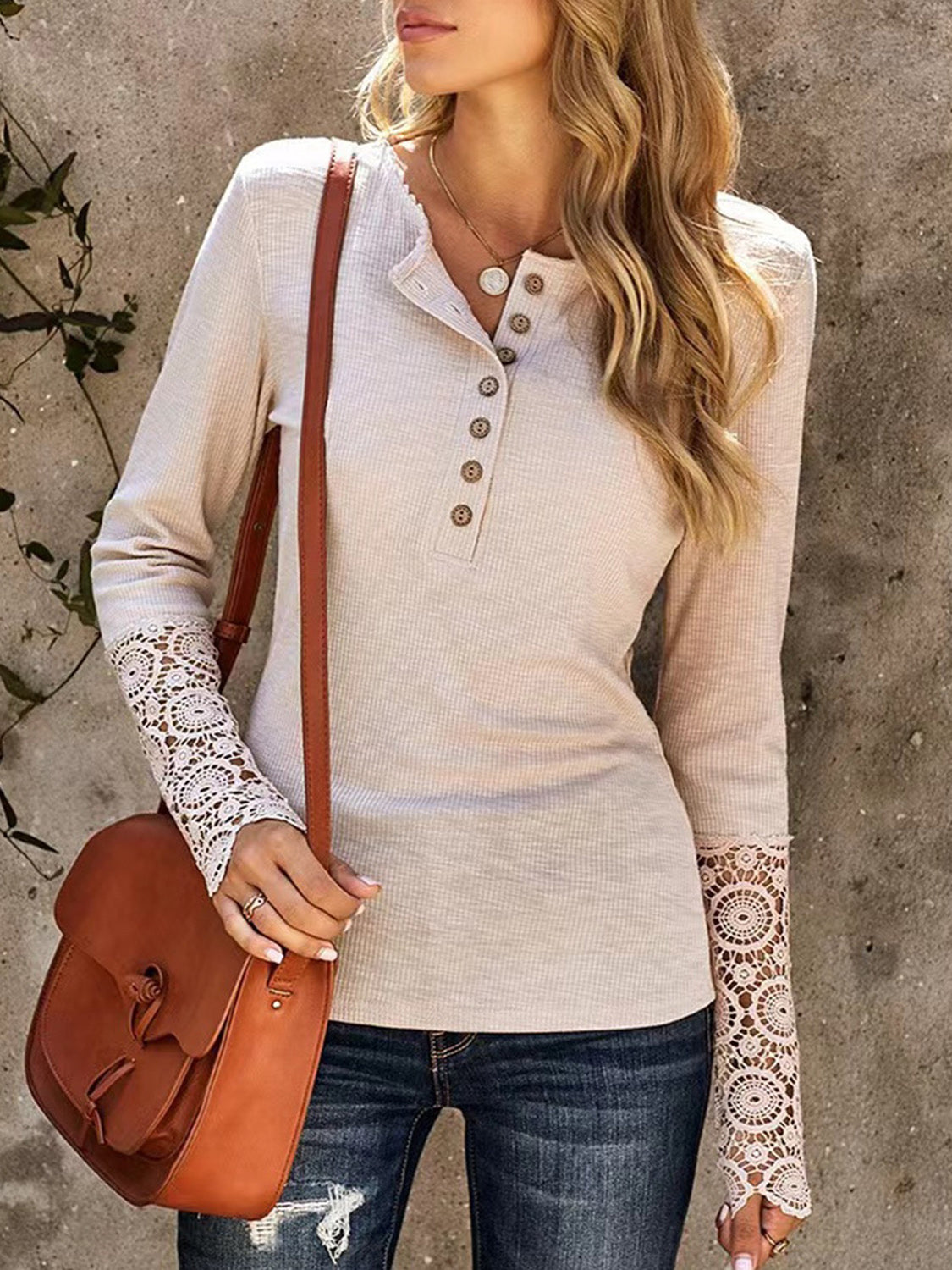 Half Button Shirt, Long Sleeve Lace Detail Knit Top