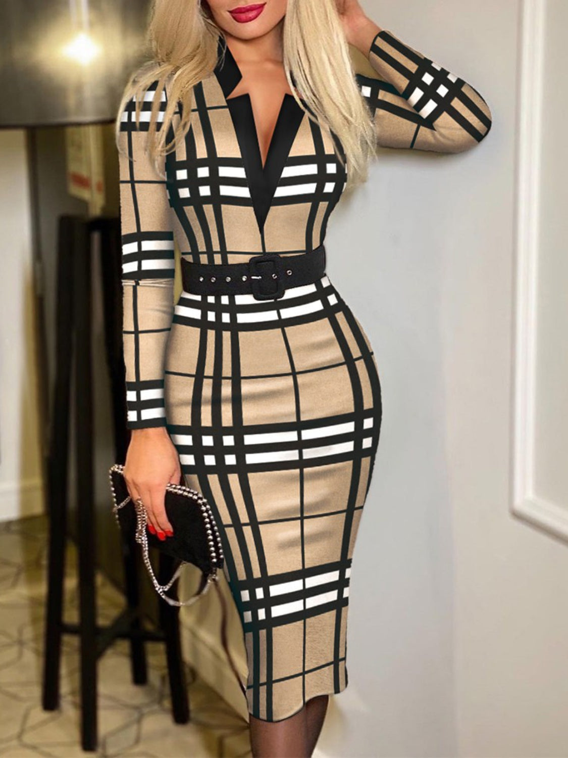 Long Sleeve Wrap Dress, Notched Neck Belted Midi Dress, Party Dress