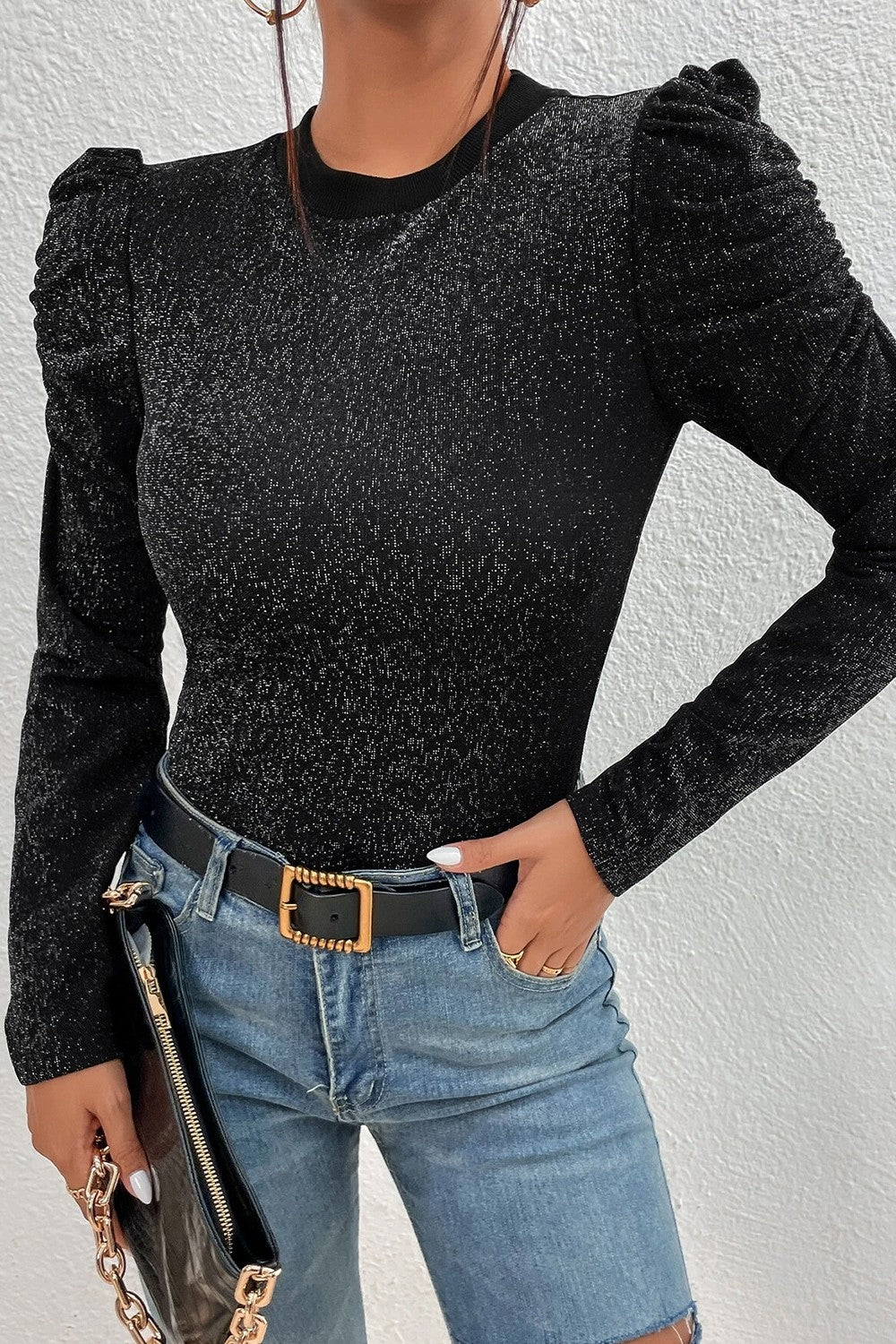 Metallic Black Blouse, Round Neck Puff Sleeve Blouse For Women