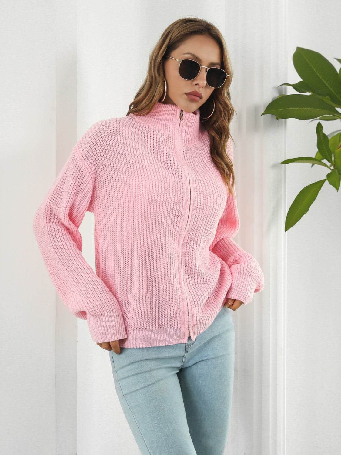 Turtleneck Zip Up Long Sleeve Knit Top