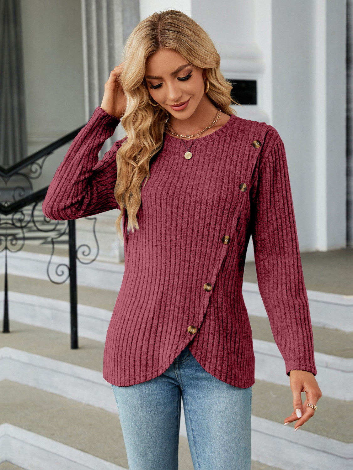 Round Neck Long Sleeve Blouse