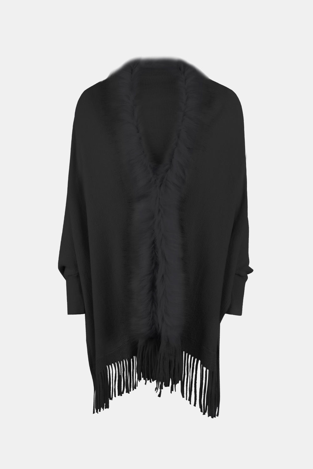 Open Front Fringe Poncho, Long Sleeve Winter Poncho, Faux Fur Wool Poncho, Plus Size Poncho, Winter Fashion Wear