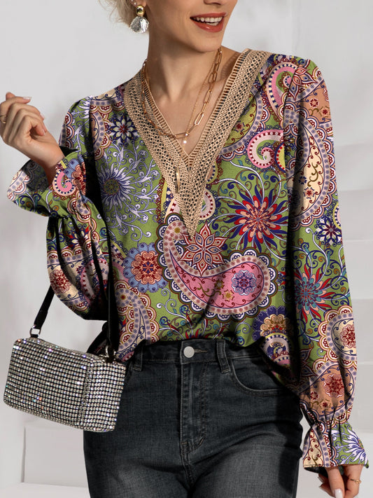 Flounce Sleeve V Neck Blouse, Women Colorful Printed Top