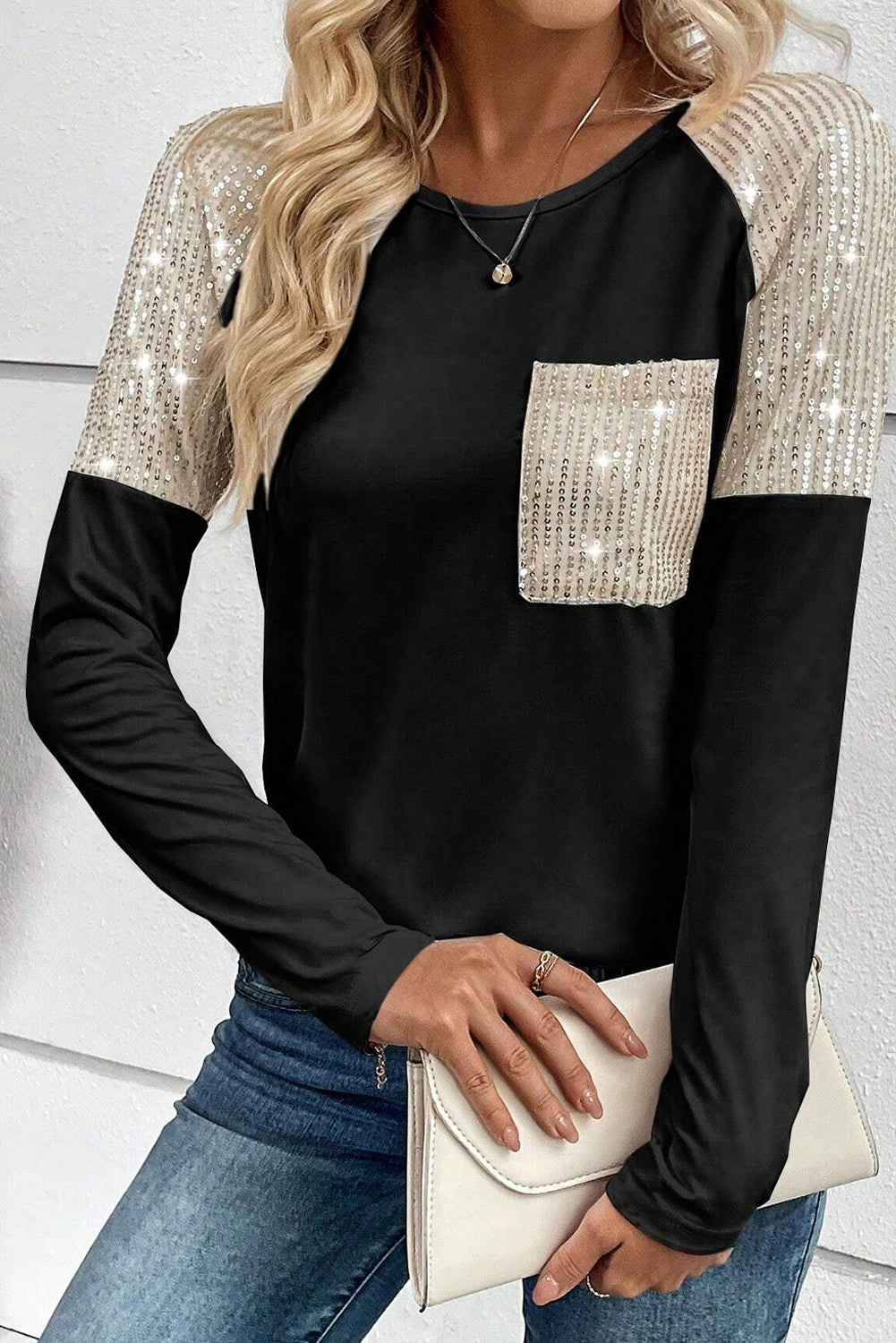 Faux Sequin Tshirt, Crew Neck Long Sleeve Pocket Tshirt For Women