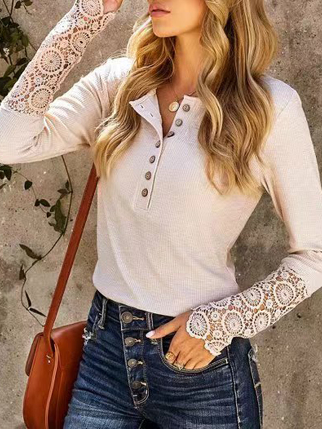 Half Button Shirt, Long Sleeve Lace Detail Knit Top