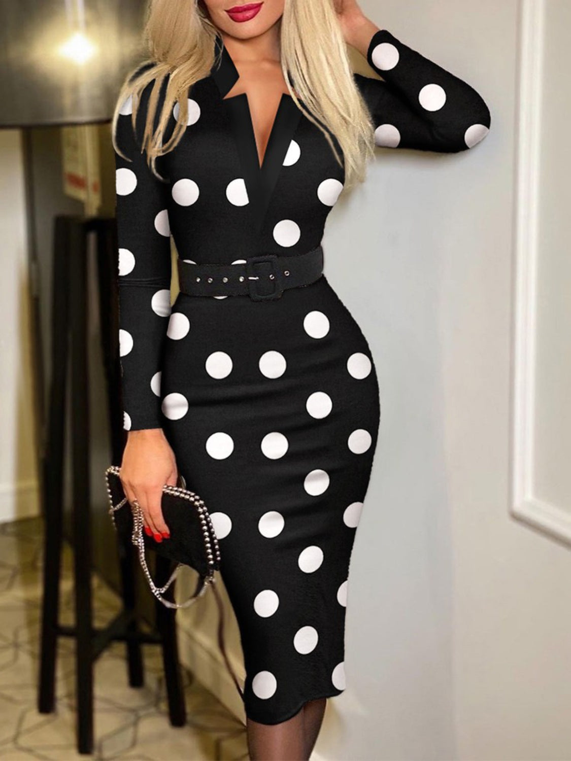 Long Sleeve Wrap Dress, Notched Neck Belted Midi Dress, Party Dress