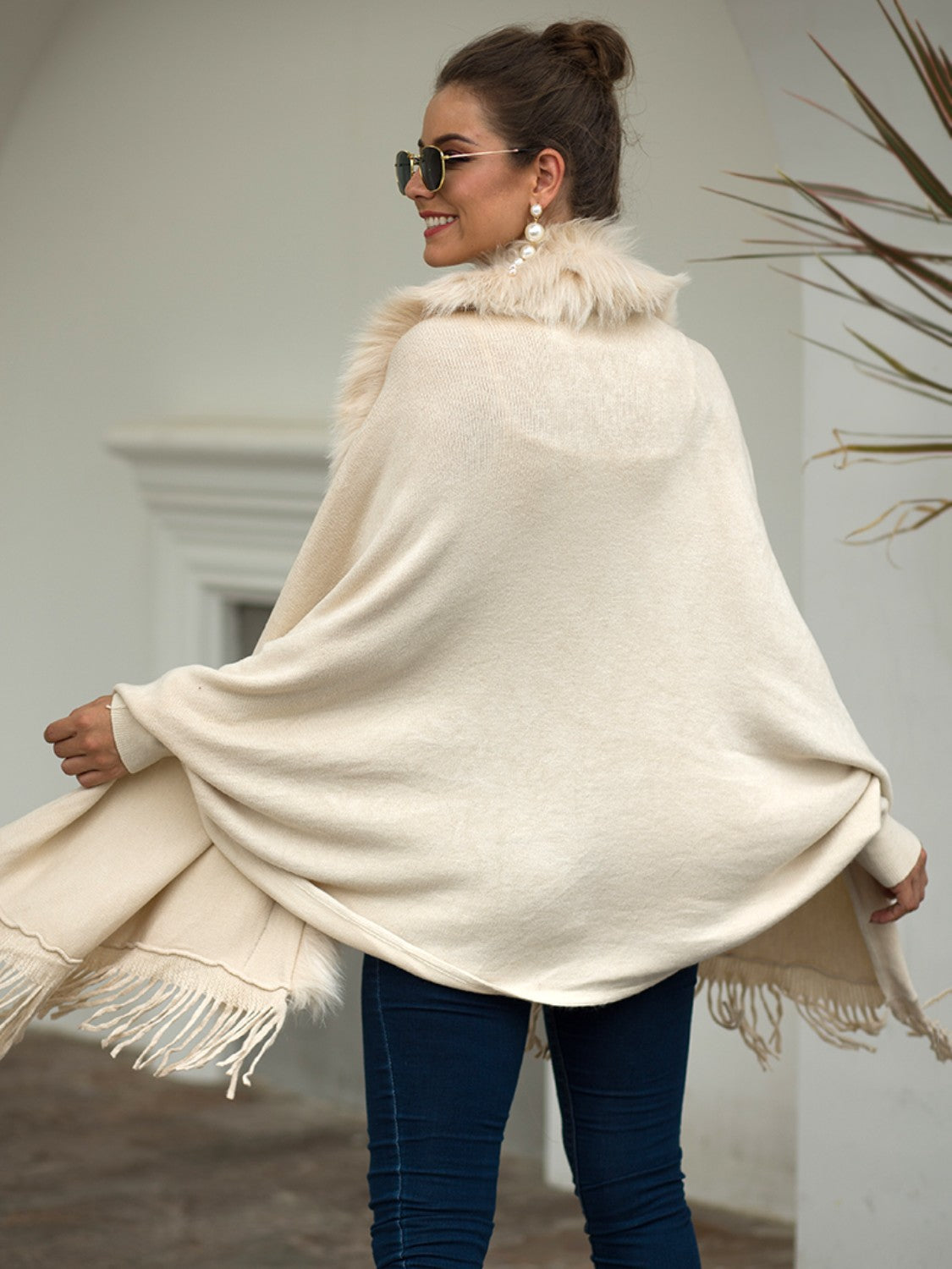 Open Front Fringe Poncho, Long Sleeve Winter Poncho, Faux Fur Wool Poncho, Plus Size Poncho, Winter Fashion Wear