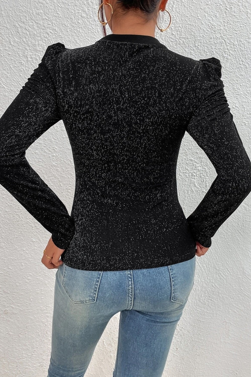 Metallic Black Blouse, Round Neck Puff Sleeve Blouse For Women