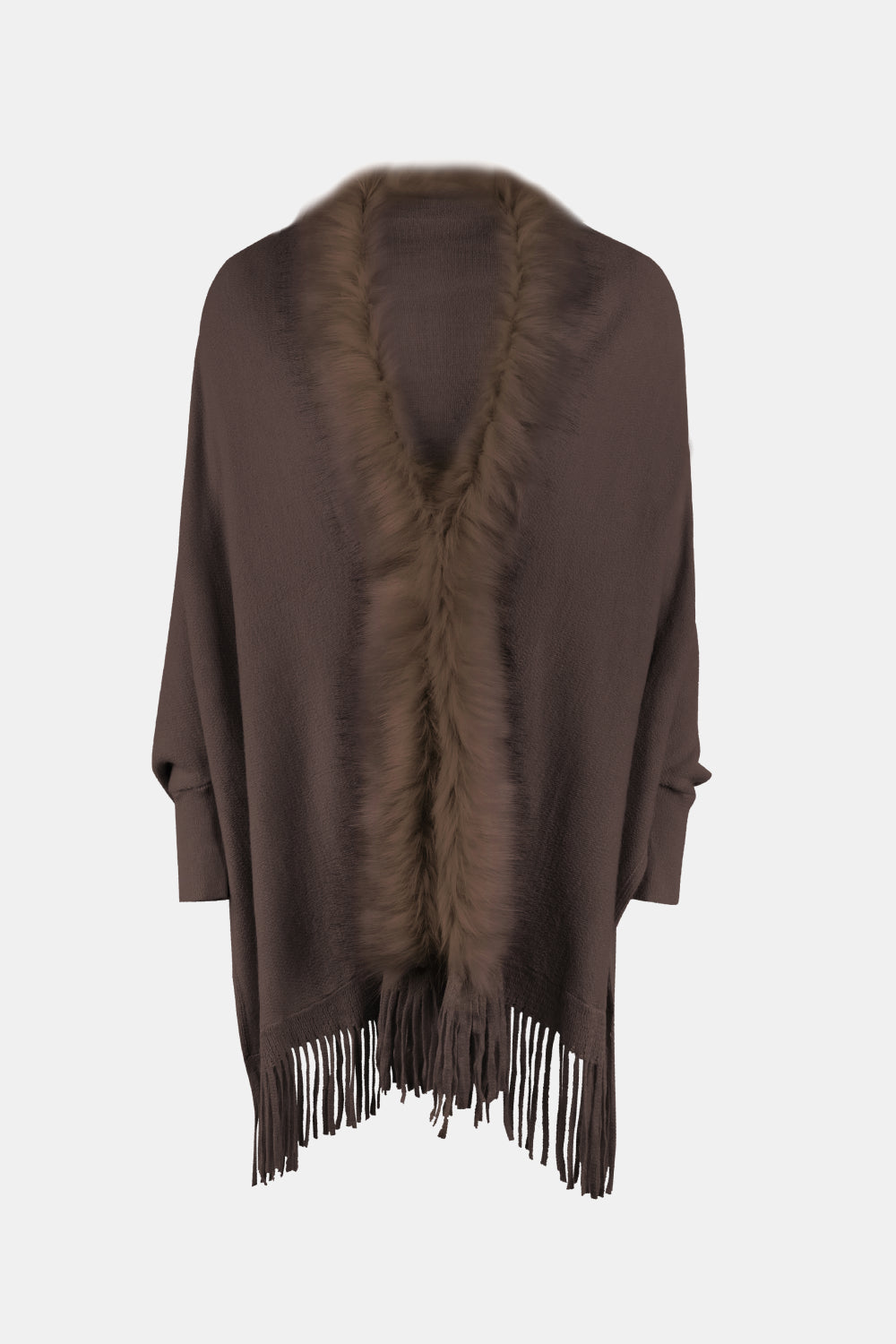 Open Front Fringe Poncho, Long Sleeve Winter Poncho, Faux Fur Wool Poncho, Plus Size Poncho, Winter Fashion Wear