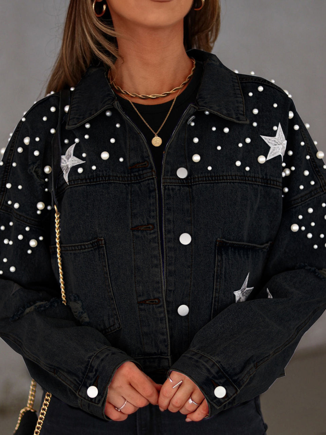 Pearl Denim Jacket, Blue Denim Jeans Jacket With Pockets For Women