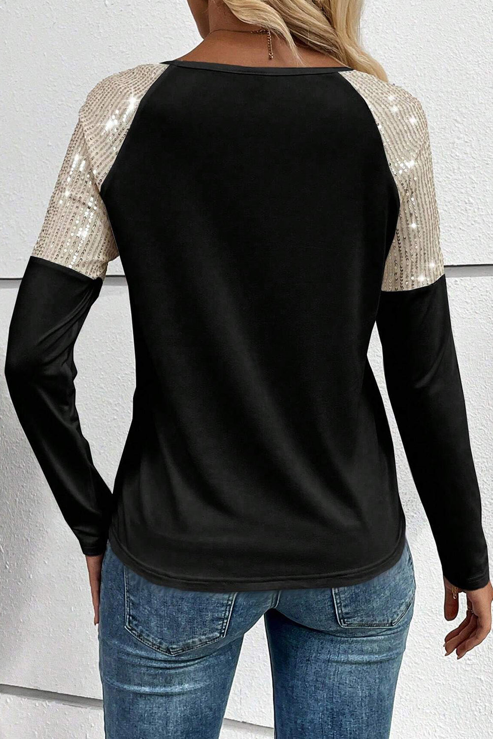 Faux Sequin Tshirt, Crew Neck Long Sleeve Pocket Tshirt For Women