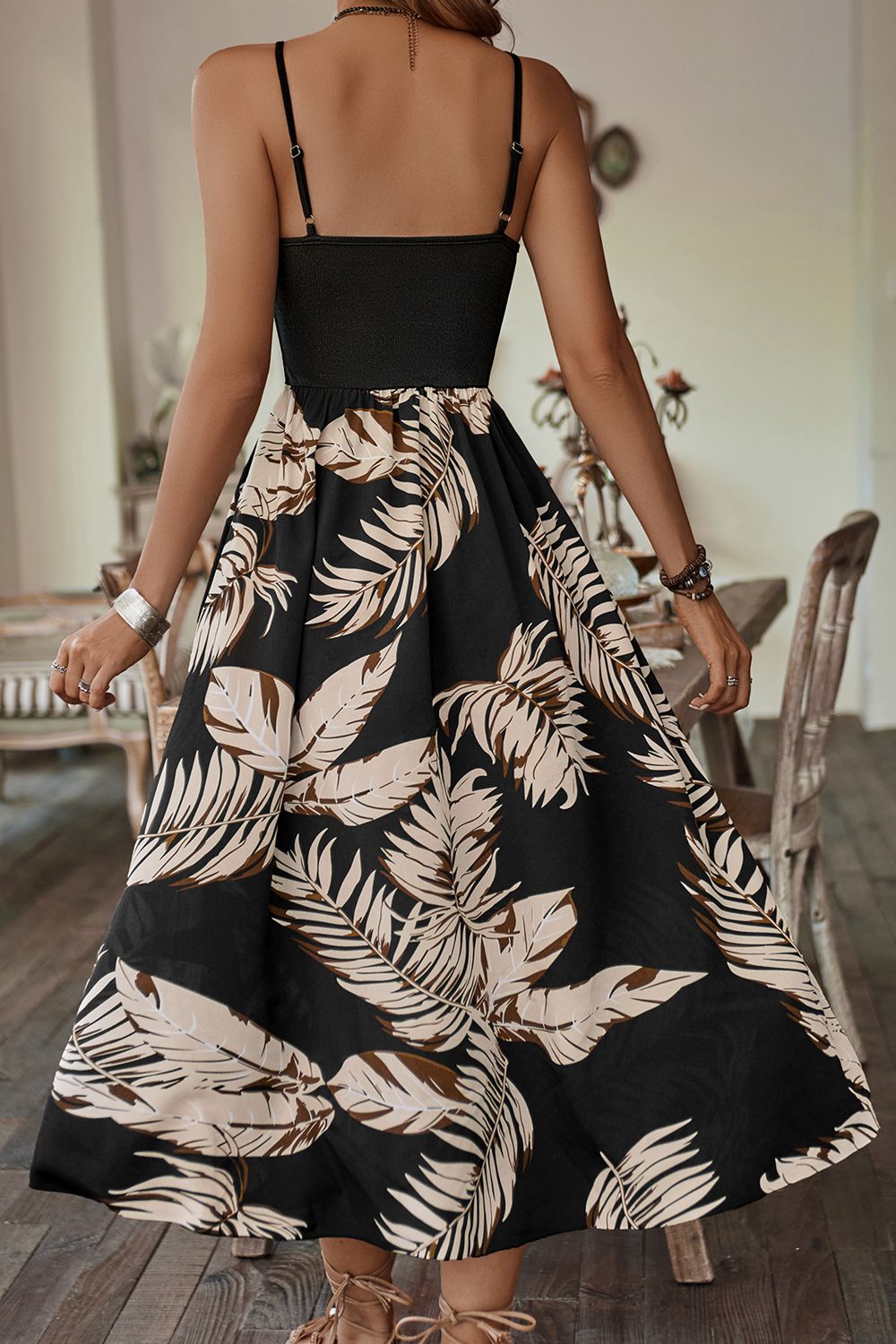 Scoop Neck Midi Dress, Botanical Print Sleeveless Dress