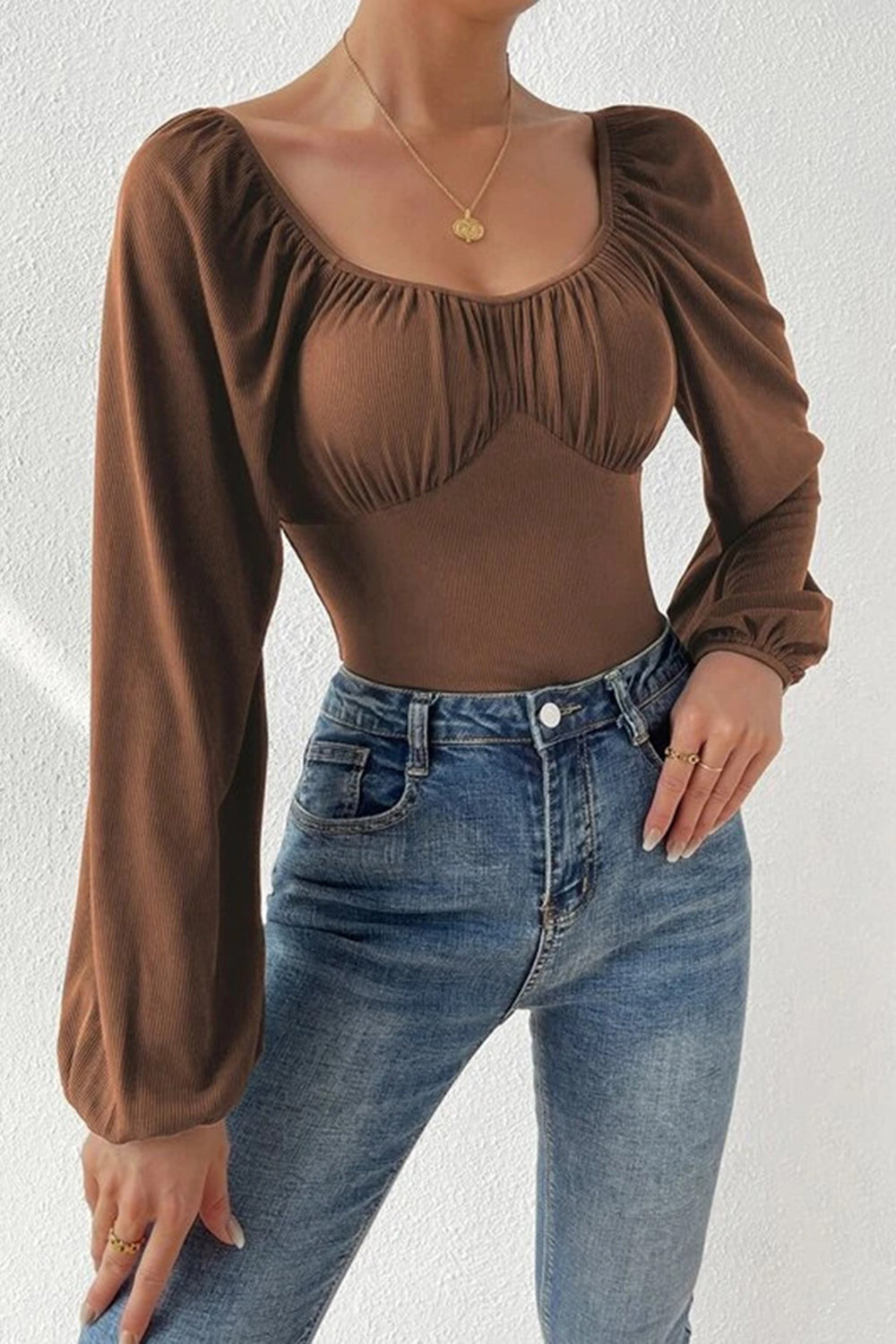 Ruched Balloon Sleeve Bodysuit