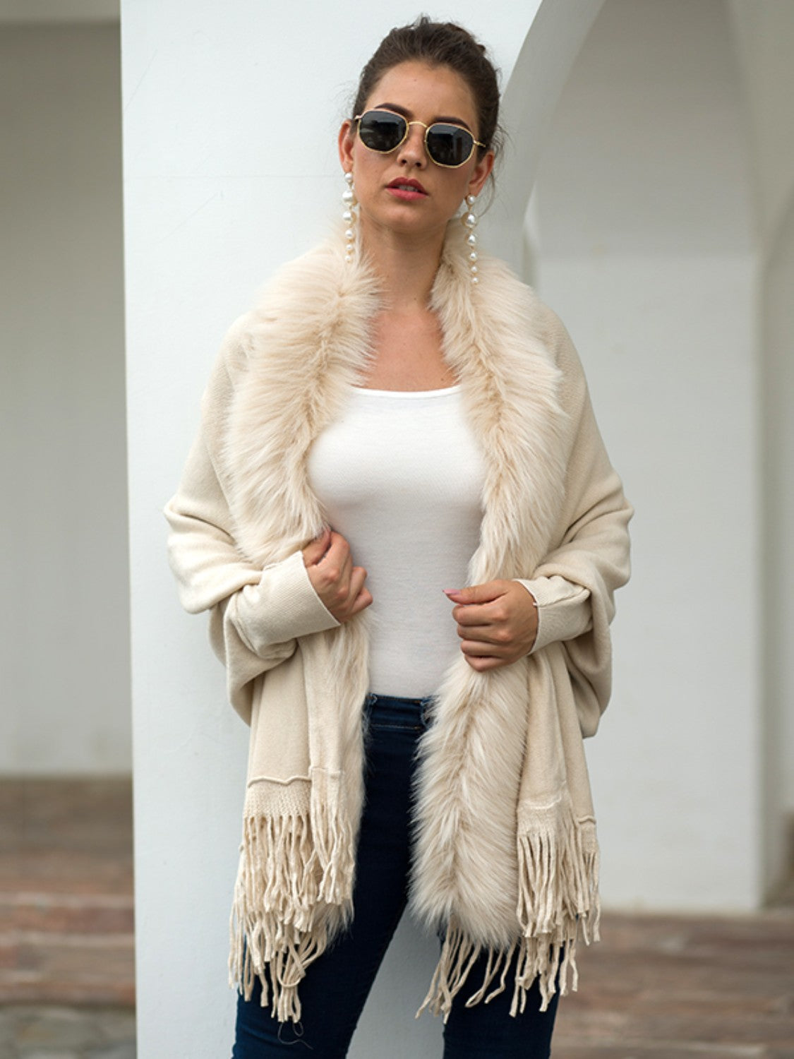 Open Front Fringe Poncho, Long Sleeve Winter Poncho, Faux Fur Wool Poncho, Plus Size Poncho, Winter Fashion Wear