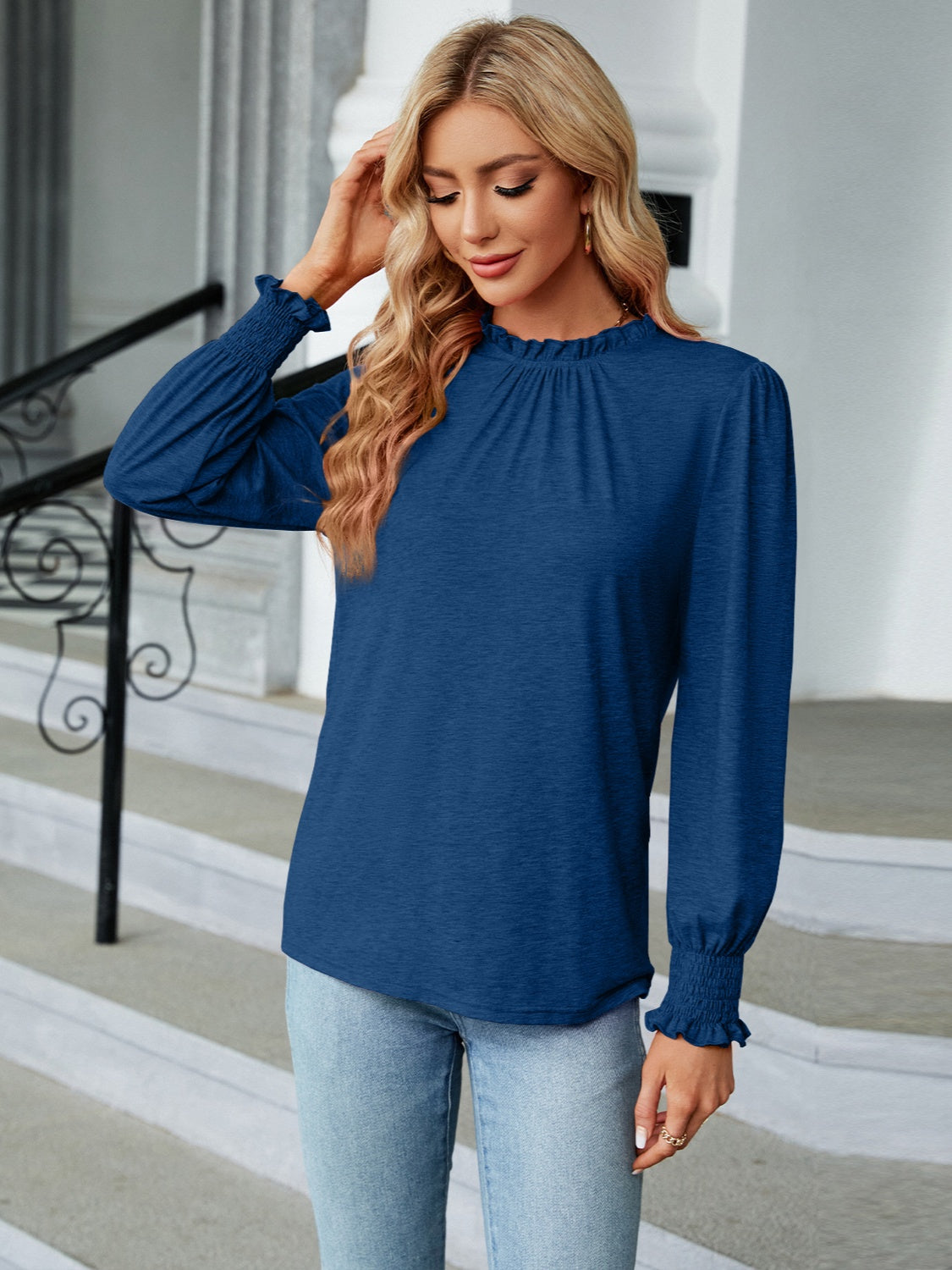 Frill Mock Neck Long Sleeve Blouse