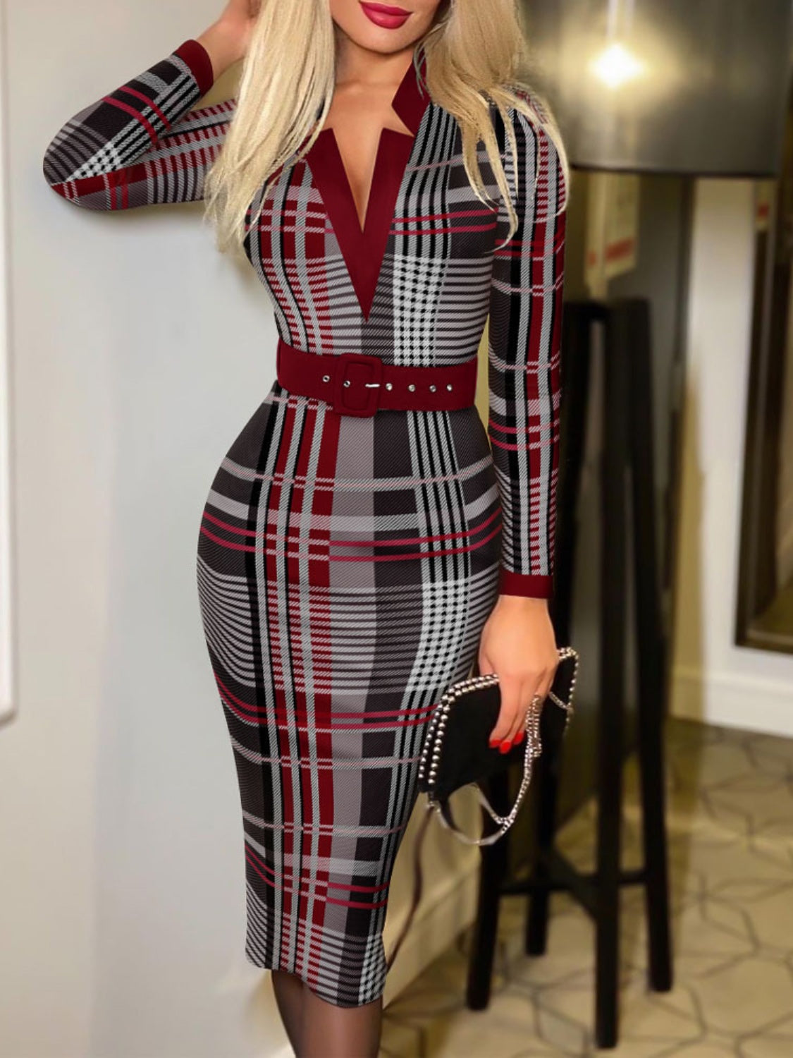 Long Sleeve Wrap Dress, Notched Neck Belted Midi Dress, Party Dress