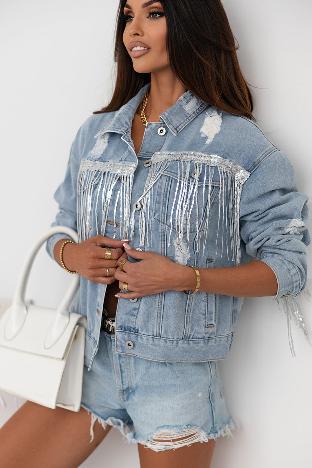 Sequin Fringe Jacket, Blue Denim Jean Jacket For Women