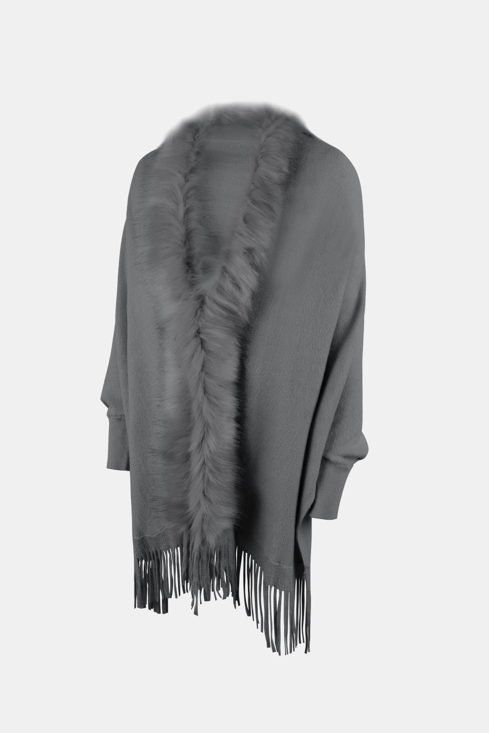 Open Front Fringe Poncho, Long Sleeve Winter Poncho, Faux Fur Wool Poncho, Plus Size Poncho, Winter Fashion Wear