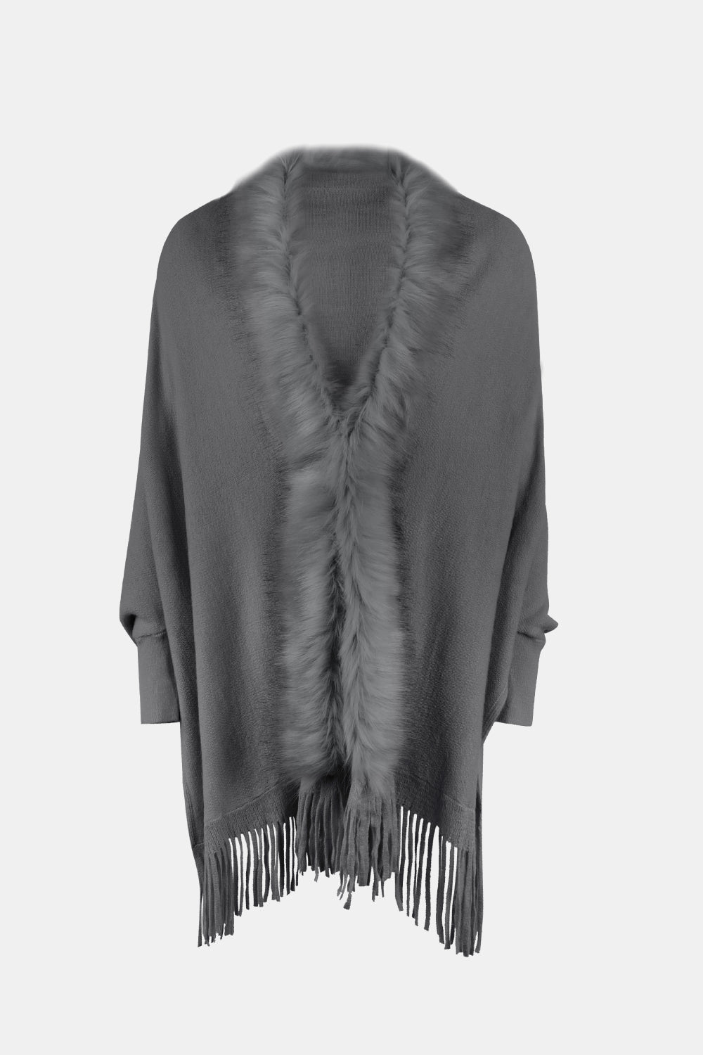 Open Front Fringe Poncho, Long Sleeve Winter Poncho, Faux Fur Wool Poncho, Plus Size Poncho, Winter Fashion Wear